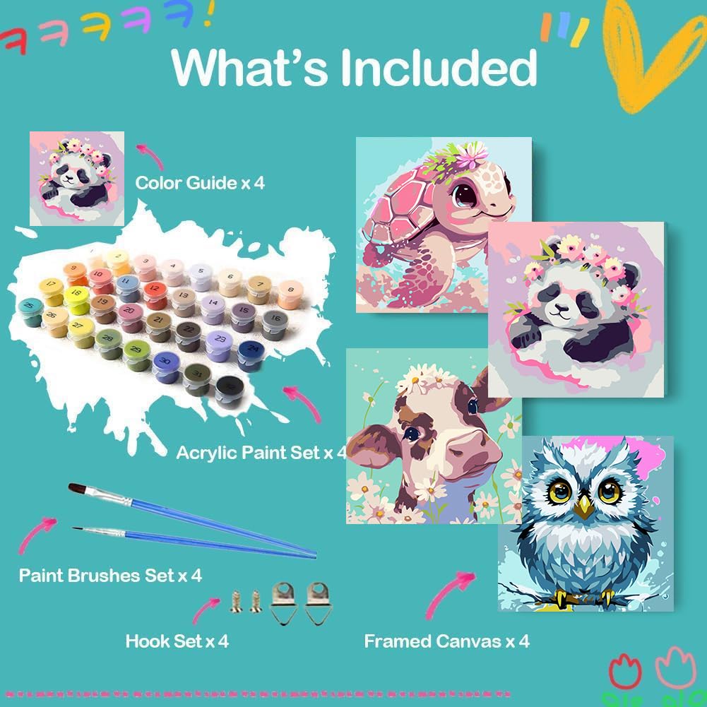 Framed Animal Paint By Numbers For Kids NAIMOER 4-Pack Animal Paint By ...