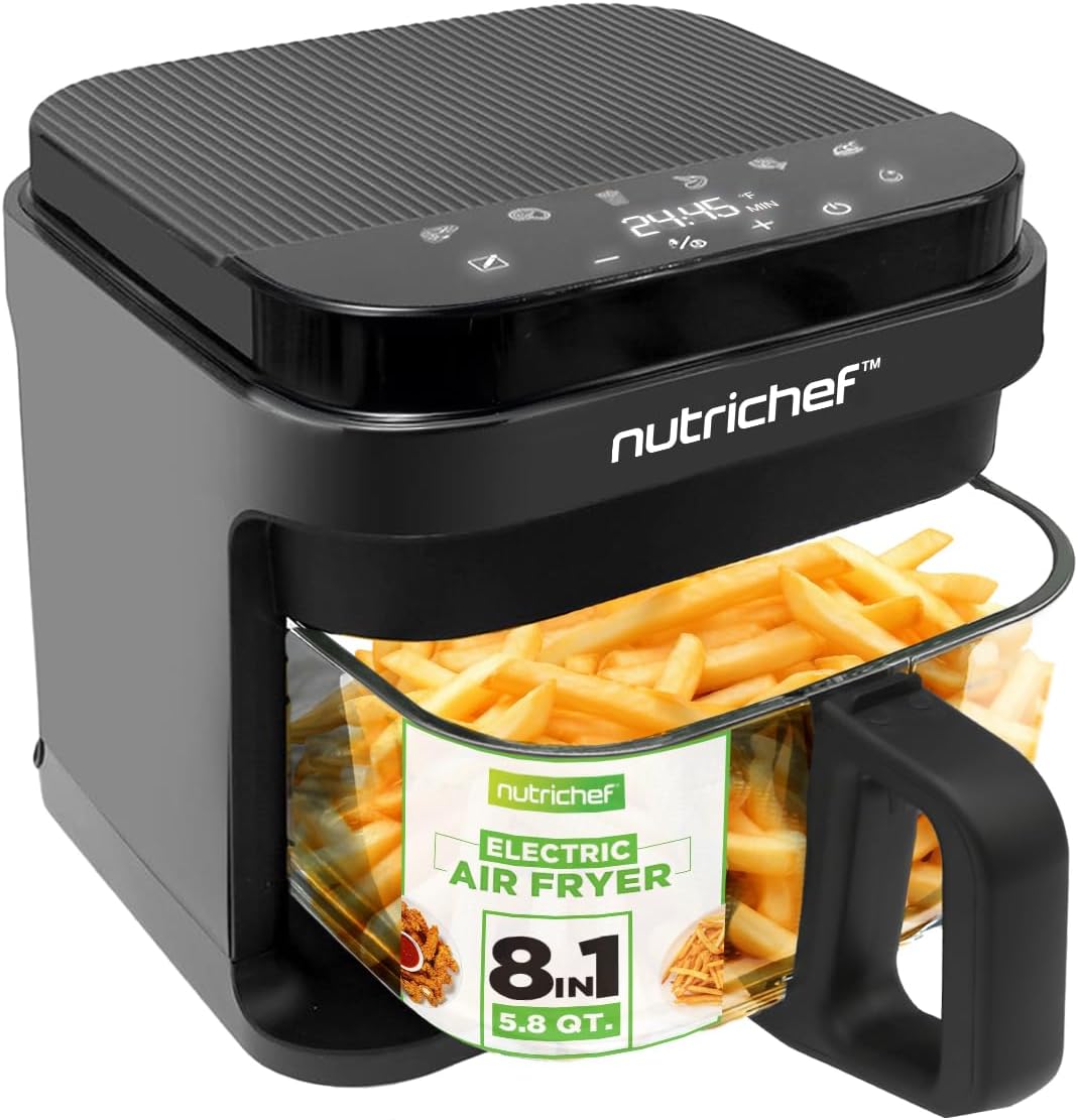 Nutrichef 5.8 Quart Air Fryer 8-1 Preset Cook Modes Transparent Fry Bowl for Best Cooking Results Cook Shrimp, Steak, Fries, Wings, Chicken & More Precise Temperature Control & Time Black