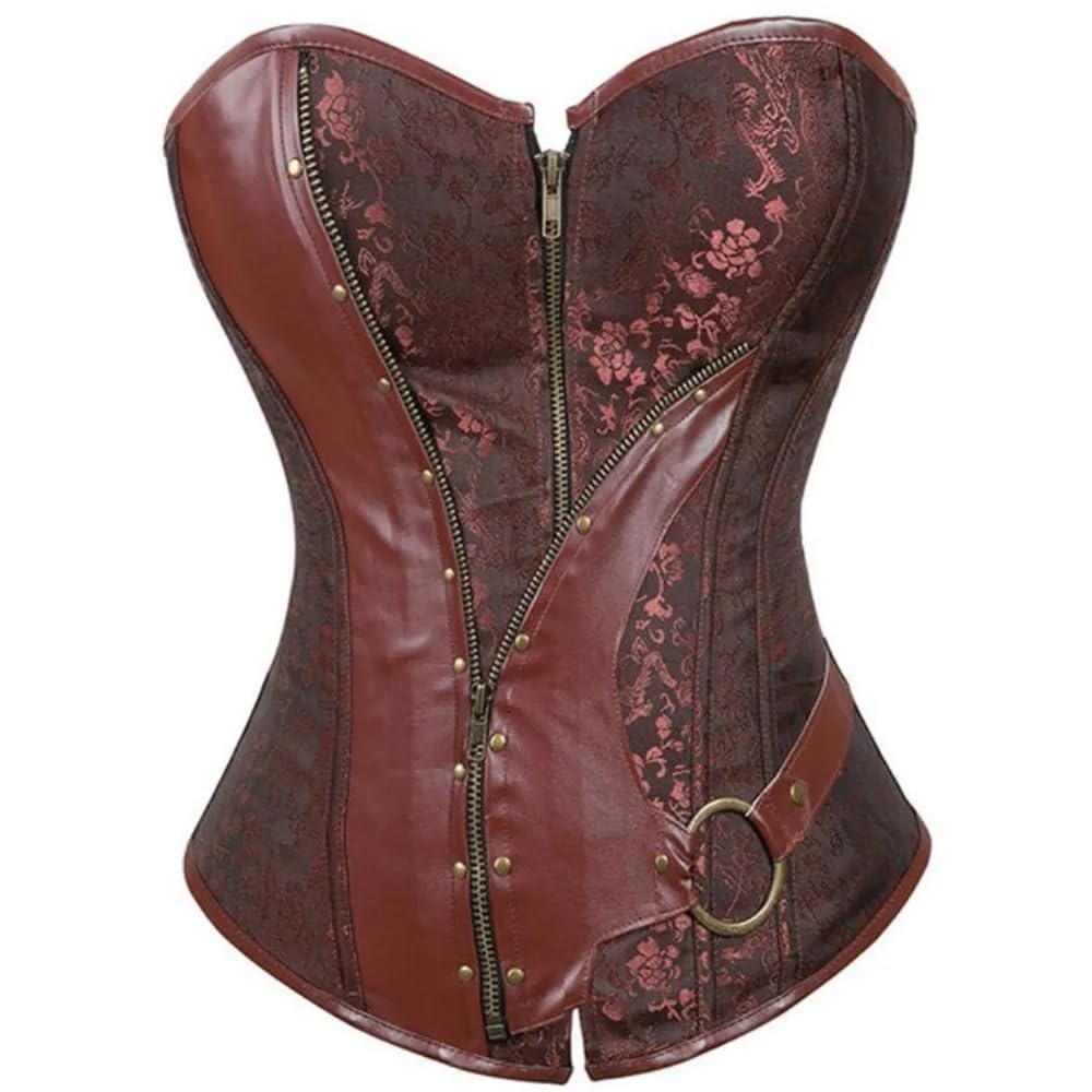 Corsetto da Donna - Abbigliamento da Clubwear per Feste Senza Spalline in Jacquard con Stampa Floreale Regolabile con Cerniera Frontale in Pelle alla Moda