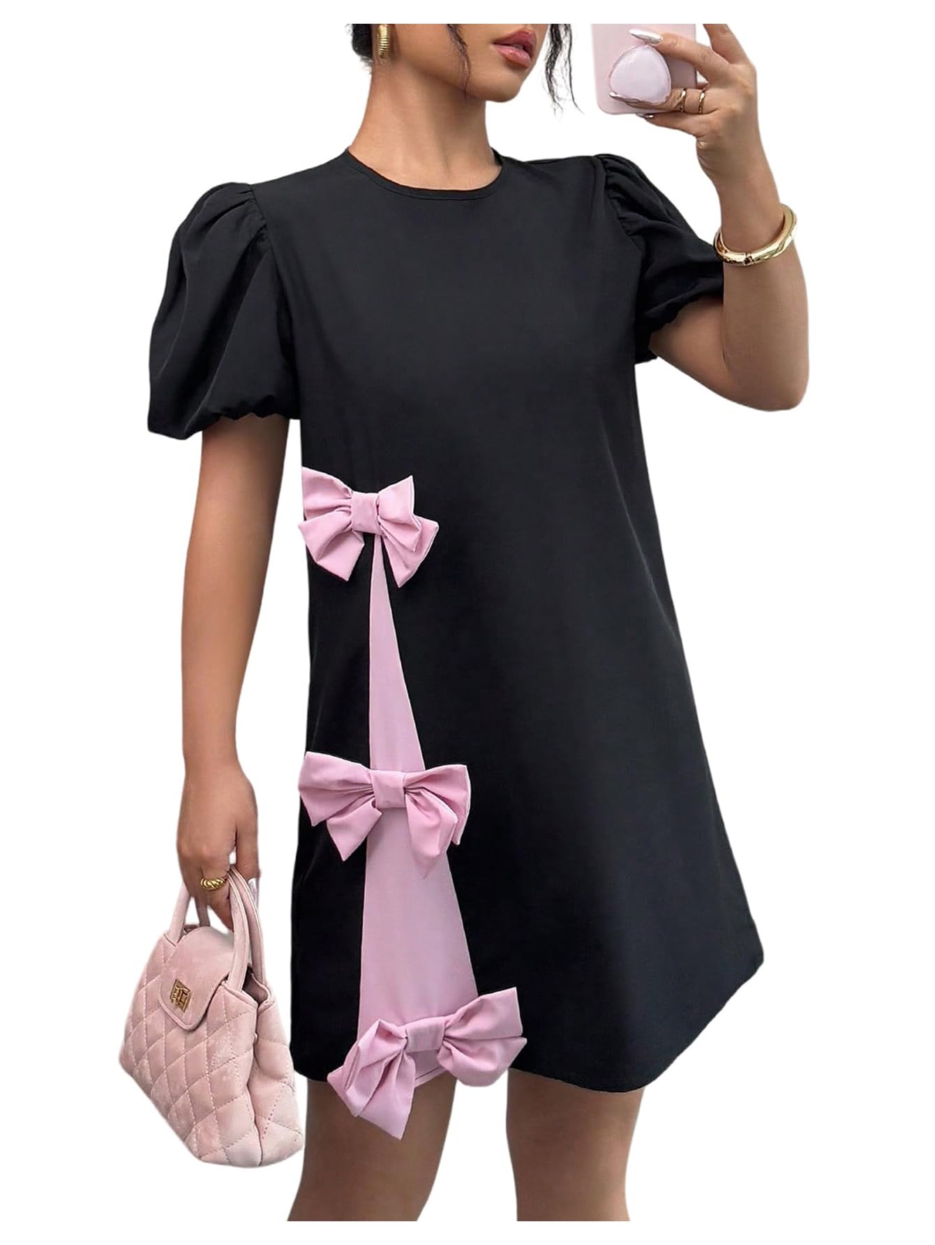 SOLY HUX Women's Summer Bow T Shirt Dress Puff Short Sleeve Crewneck Cute Casual Short Dresses