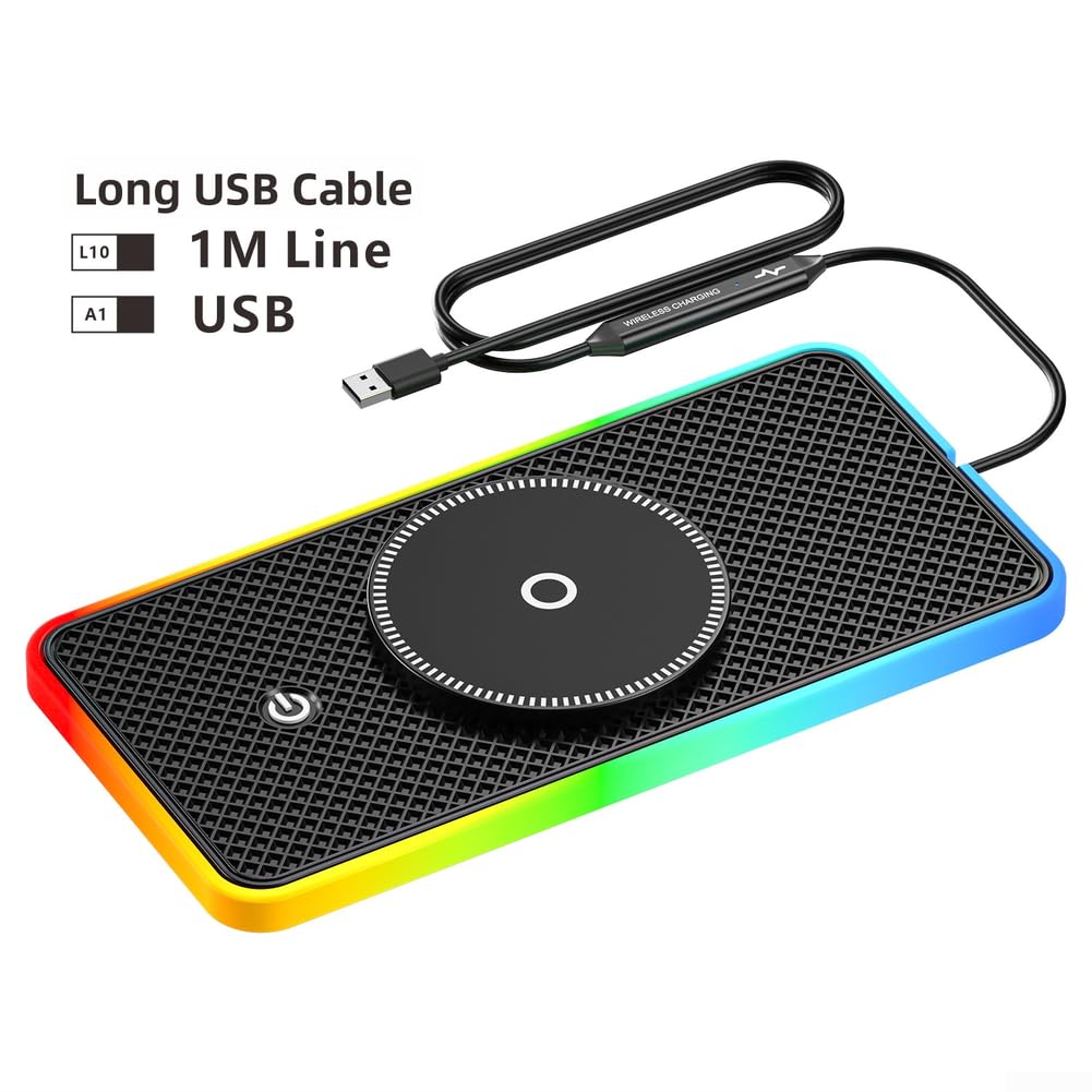 1 caricabatterie wireless per auto, 20 W, ricarica rapida con luce RGB, tappetino antiscivolo per iPhone per Android, supporto magnetico per cruscotto auto, ABS nero, uso domestico e auto (cavo