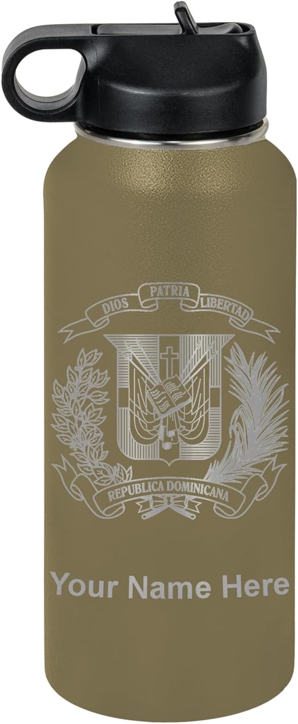 LaserGram Personalized Water Bottle, Coat of Arms Dominican Republic, Stainless Steel Double Wall Vacuum Insulated with Flip Top Straw, Custom Engraved Gift (32oz / 950ml Camo Green)