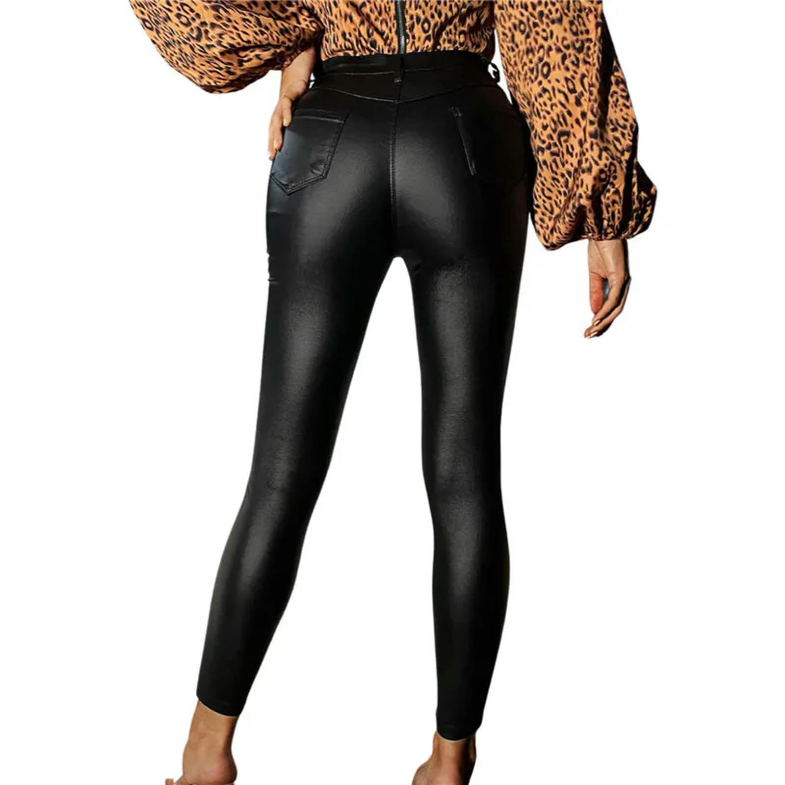 Pantaloni in Pelle PU Pantaloni a Matita Streetwear Tinta Unita a Vita Alta Casual da Donna