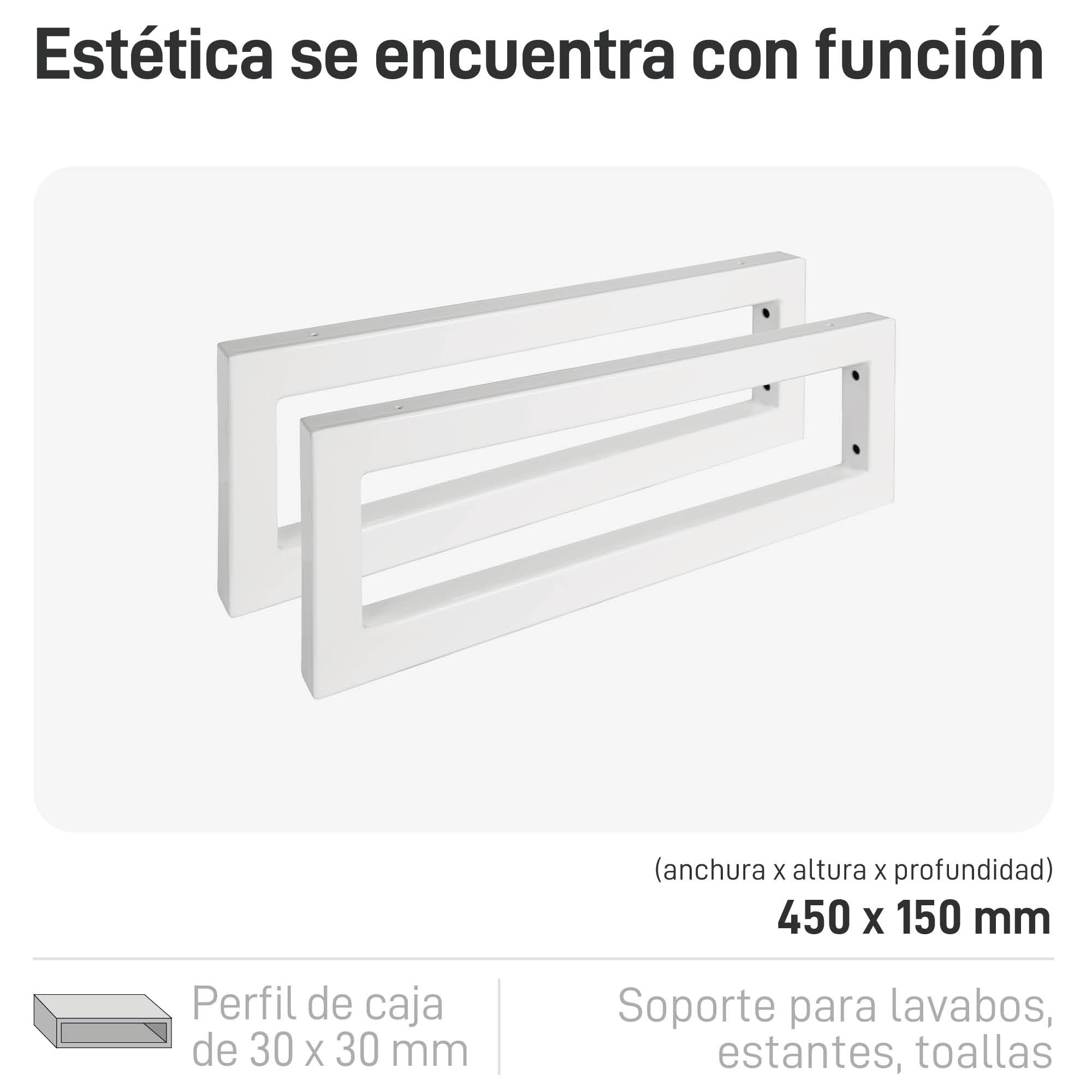 Natural Goods Berlin 2X Escuadras para Estanterías Rectangular | Soporte para Estante de Pared y Lavabo | Montaje en Pared Sencillo | Soporte de Estante de Metal Blanco | Toalleros de Baño | 450mm