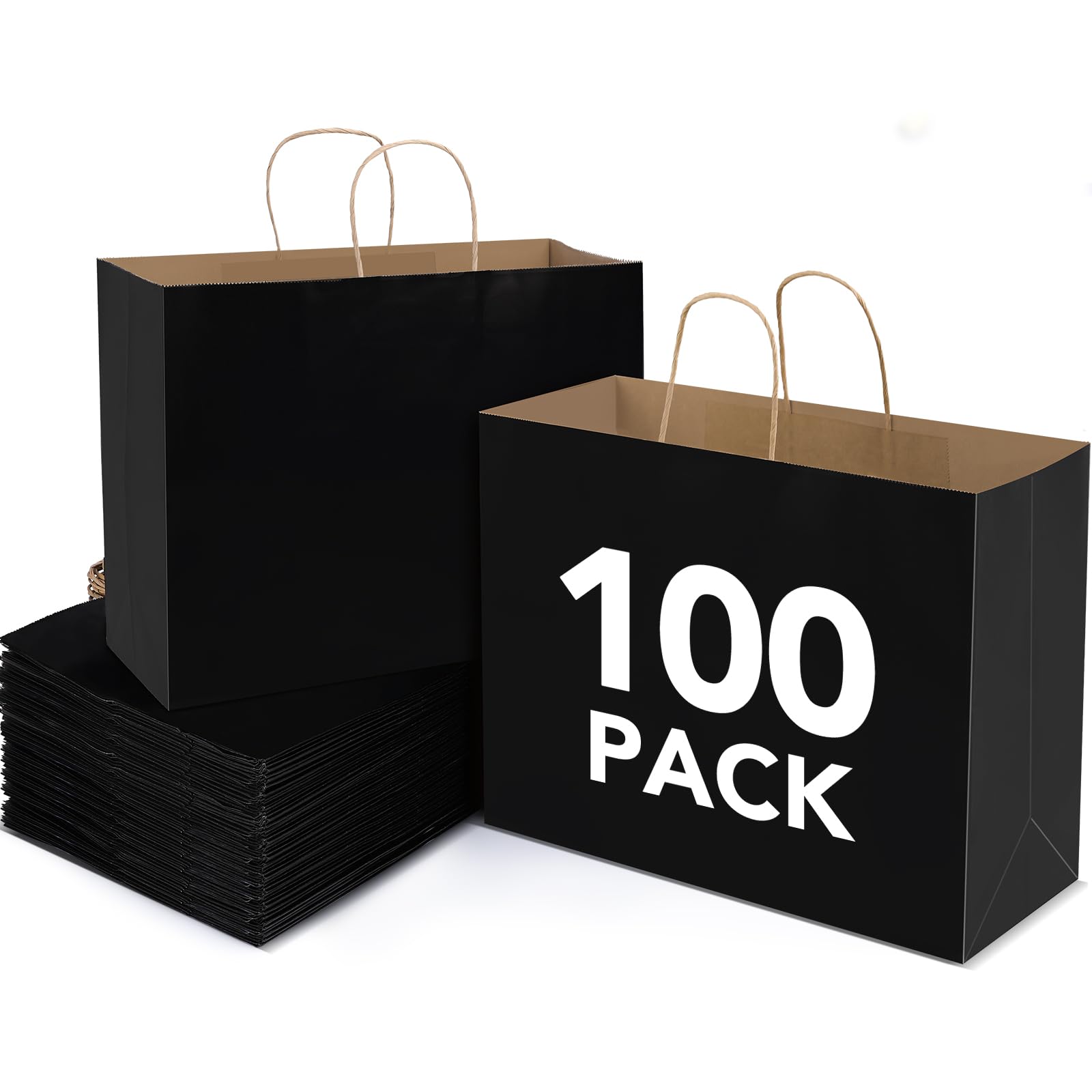 BURVAGY 16x6x12 Inch 100 Pcs Kraft Paper Bags with Handles Bulk, Kraft Shopping Black Large Recycled Gift Paper Bags with Handles for Small Business,