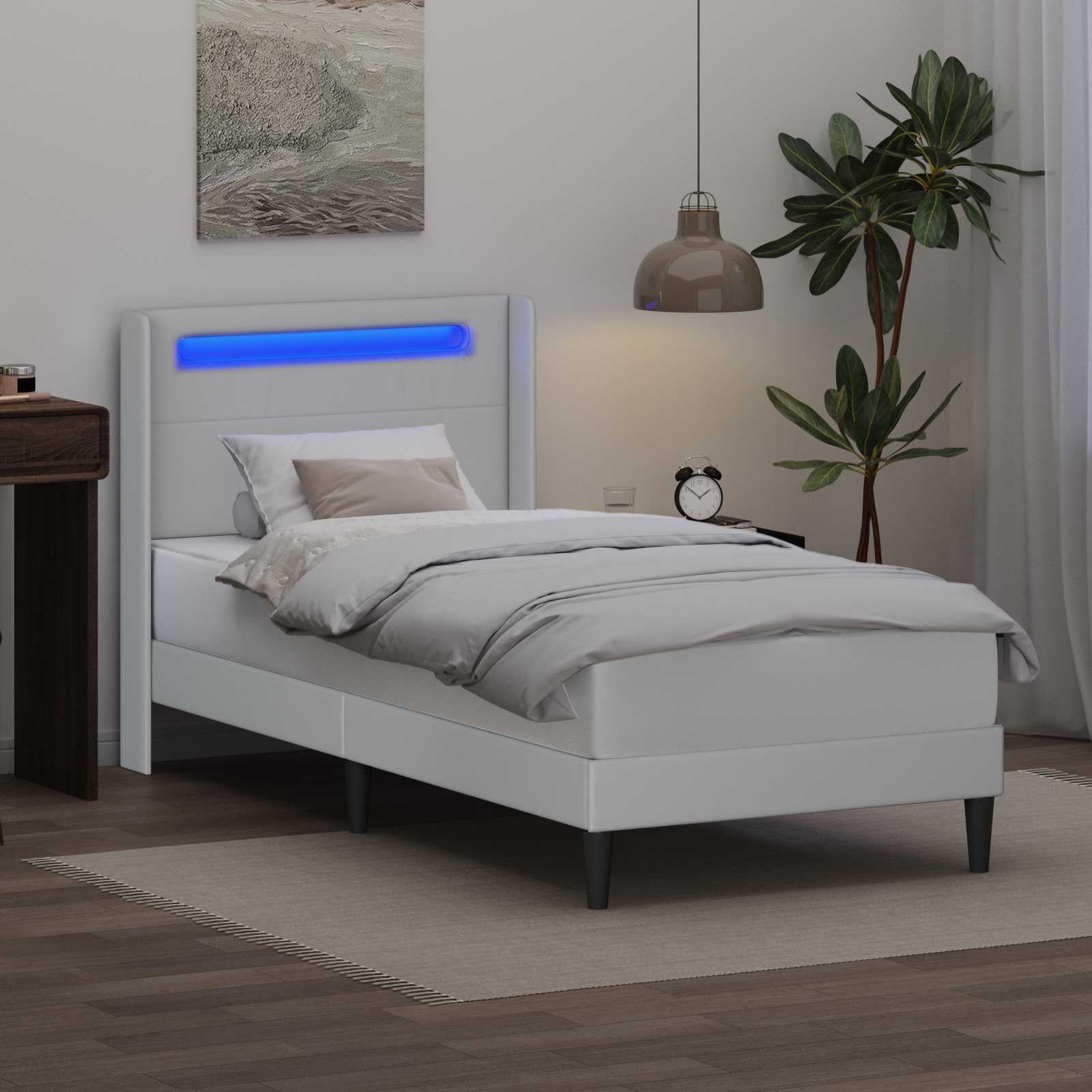 Marco de cama blanco con tiras de luz LED de 90 x 190 cm, piel sintética, marco de madera moderna con tiras LED ajustables Fuente de alimentación USB, diseño estable, para cama individual