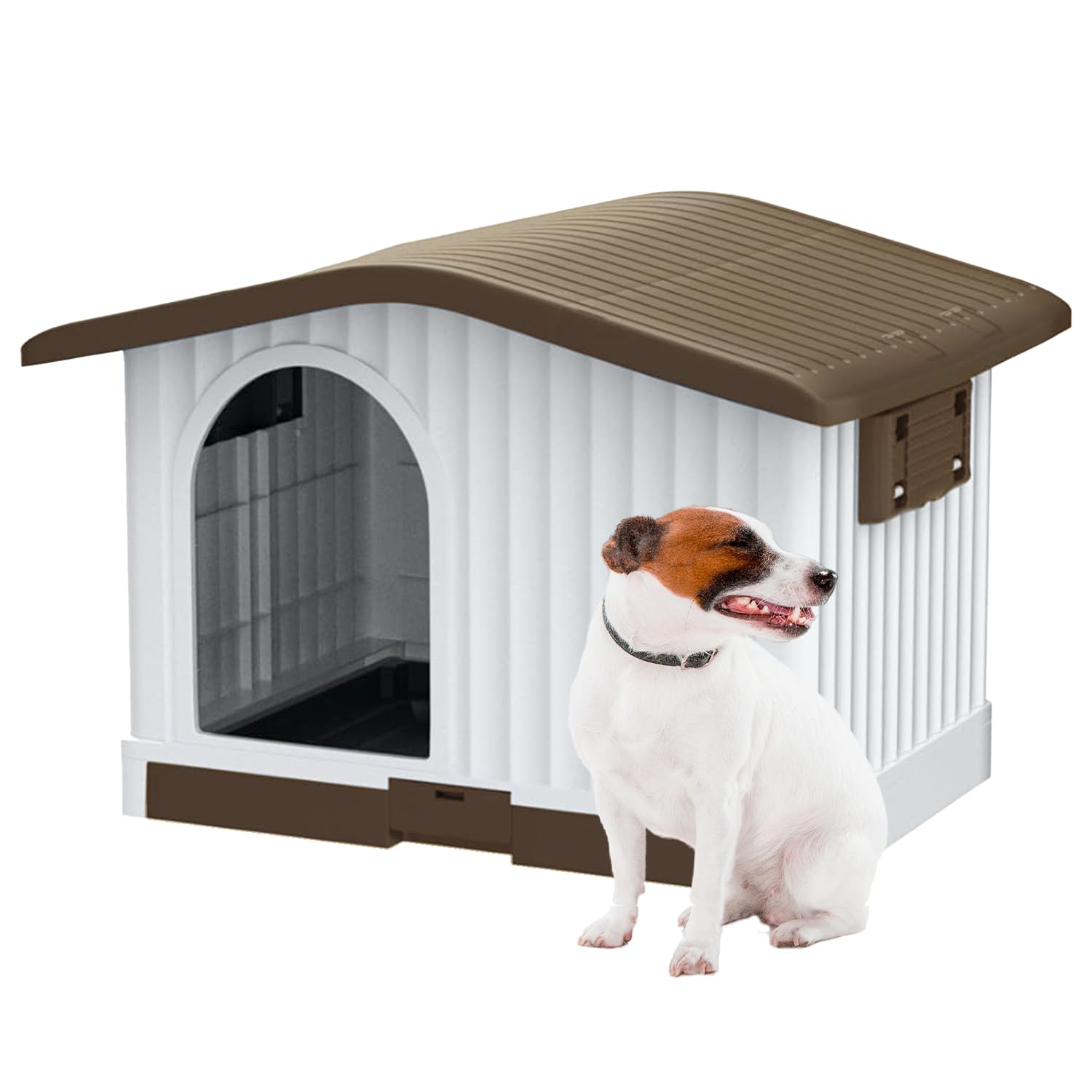 Aqpet Caseta para Perros de plástico para Exterior e Interior, casa y jardín, con Suelo Elevado y Techo elevable, para Perros Talla pequeña/Mediana 87 x 74 x 61 cm, marrón