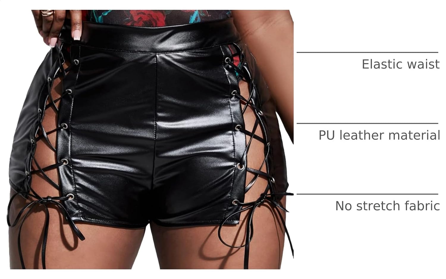 WDIRARA Women's Plus Size High Waist Lace Up Tie Side PU Leather Club Shorts