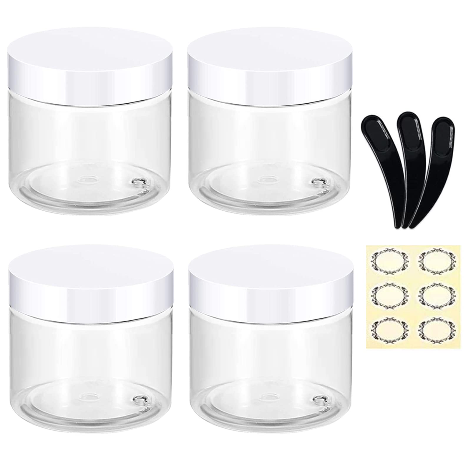 Alledomain Clear+ White 4Pcs 120G/120Ml Clear Plastic Jars With 3Pcs Mini Spatulas & Labels Round Cosmetic Sample Container With Inner Liners & White Lids For Lotions Cream Ointments Travel Makeup Beauty Storage