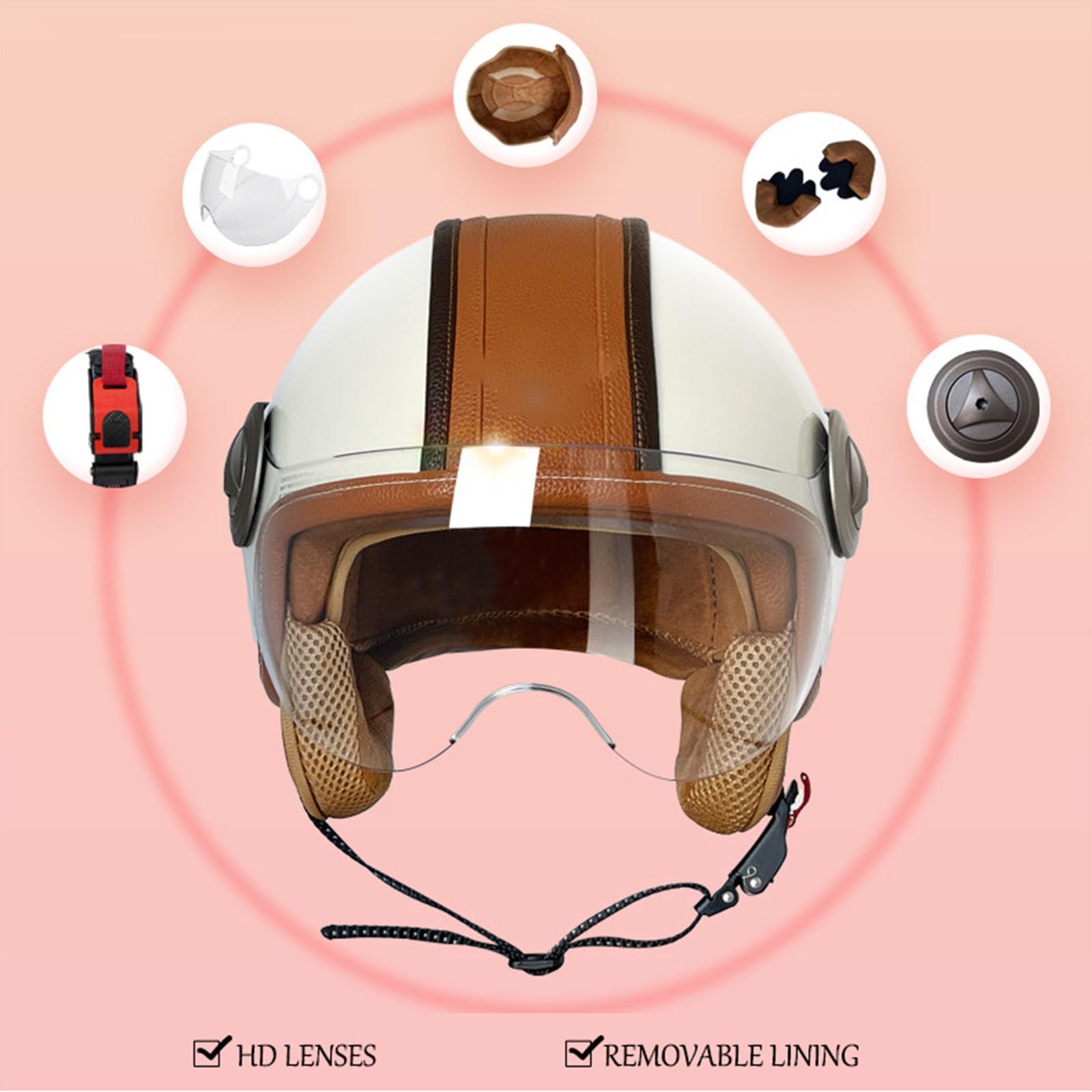Kask motocyklowy w stylu vintage, otwarty kask dla dorosłych, retro 3/4, otwarty kask motocyklowy, z certyfikatem ECE / DOT, dla dorosłych, mężczyzn i kobiet