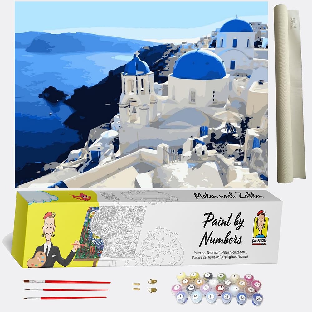 DonElton Pintar por numeros Adultos Grecia – Cuadros para Pintar por números con Pinceles y Colores Brillantes - Lienzos para Pintar con Dibujo – Sin Marco (Santorini)