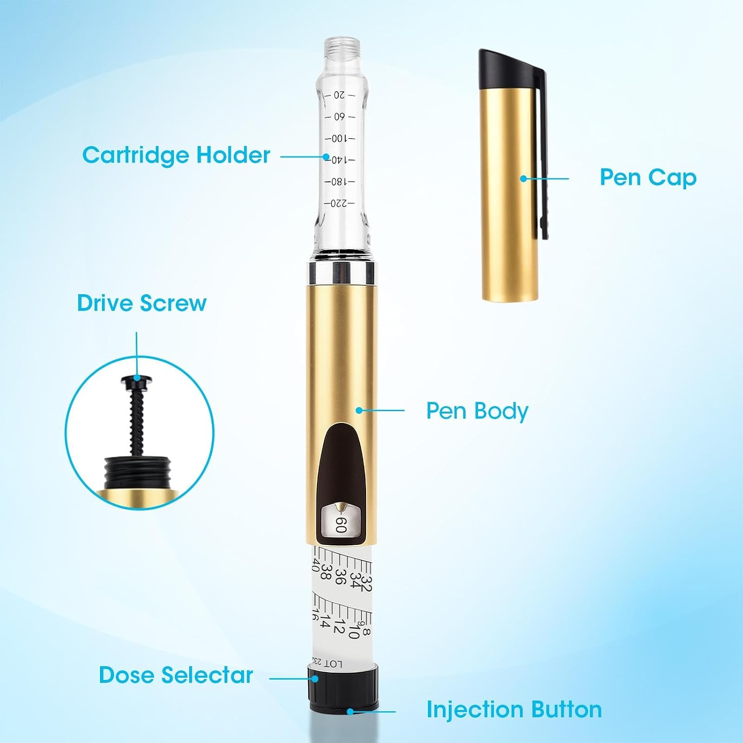 60 Units Reusable Peptide Pen Injector, Clear Scale and Protect Case, Compatible with 3ML for Home and Travel Use(Gold)