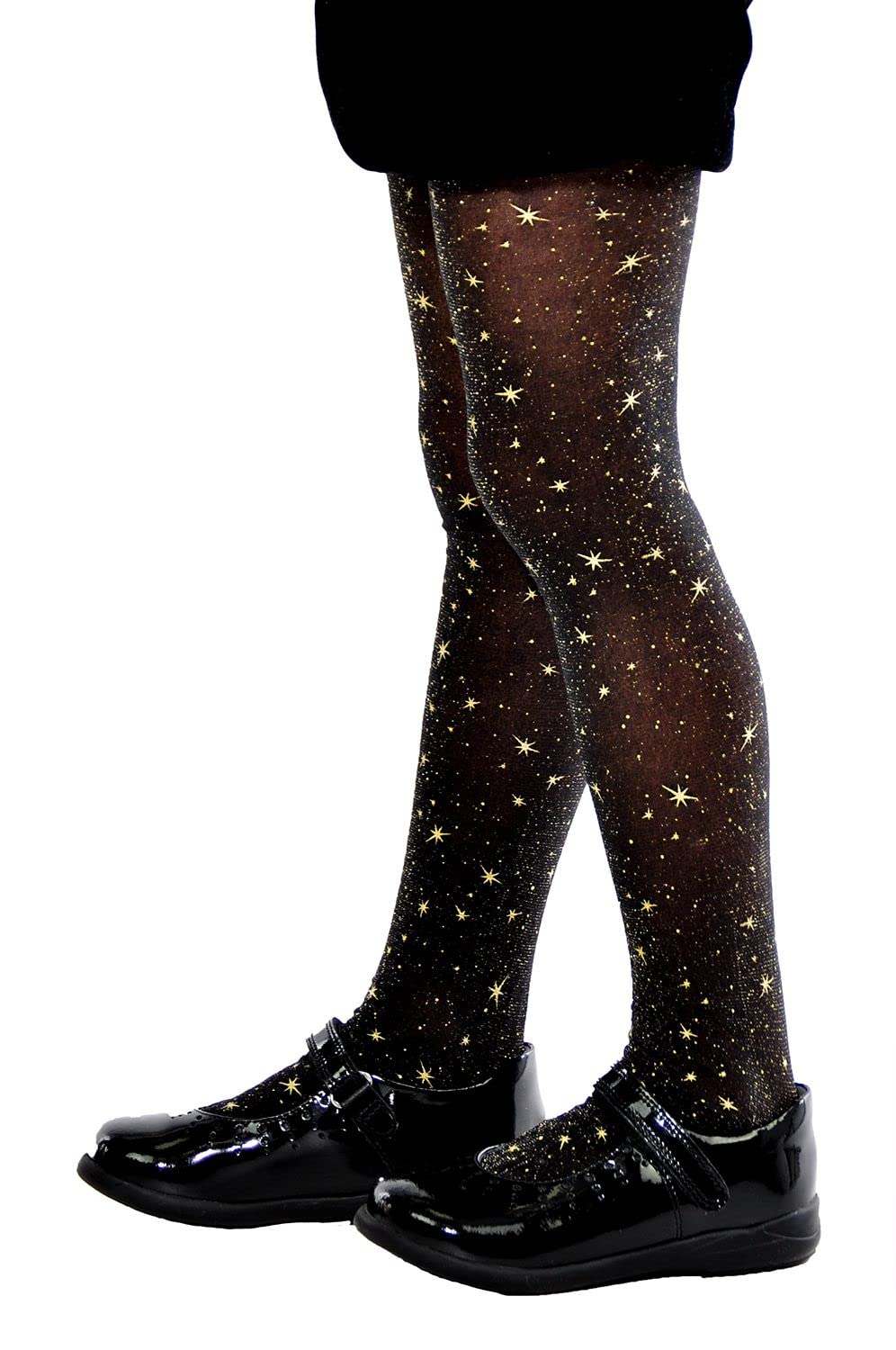 Aurellie Girls Black Kids Gold Sparkle Shiny Stars Pattern Tights.