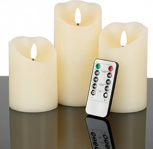 VENTA Juego de 3 velas de pilar de marfil cálido | Velas de cera real operadas por baterías con llama parpadeante | Decoración atemporal para todo