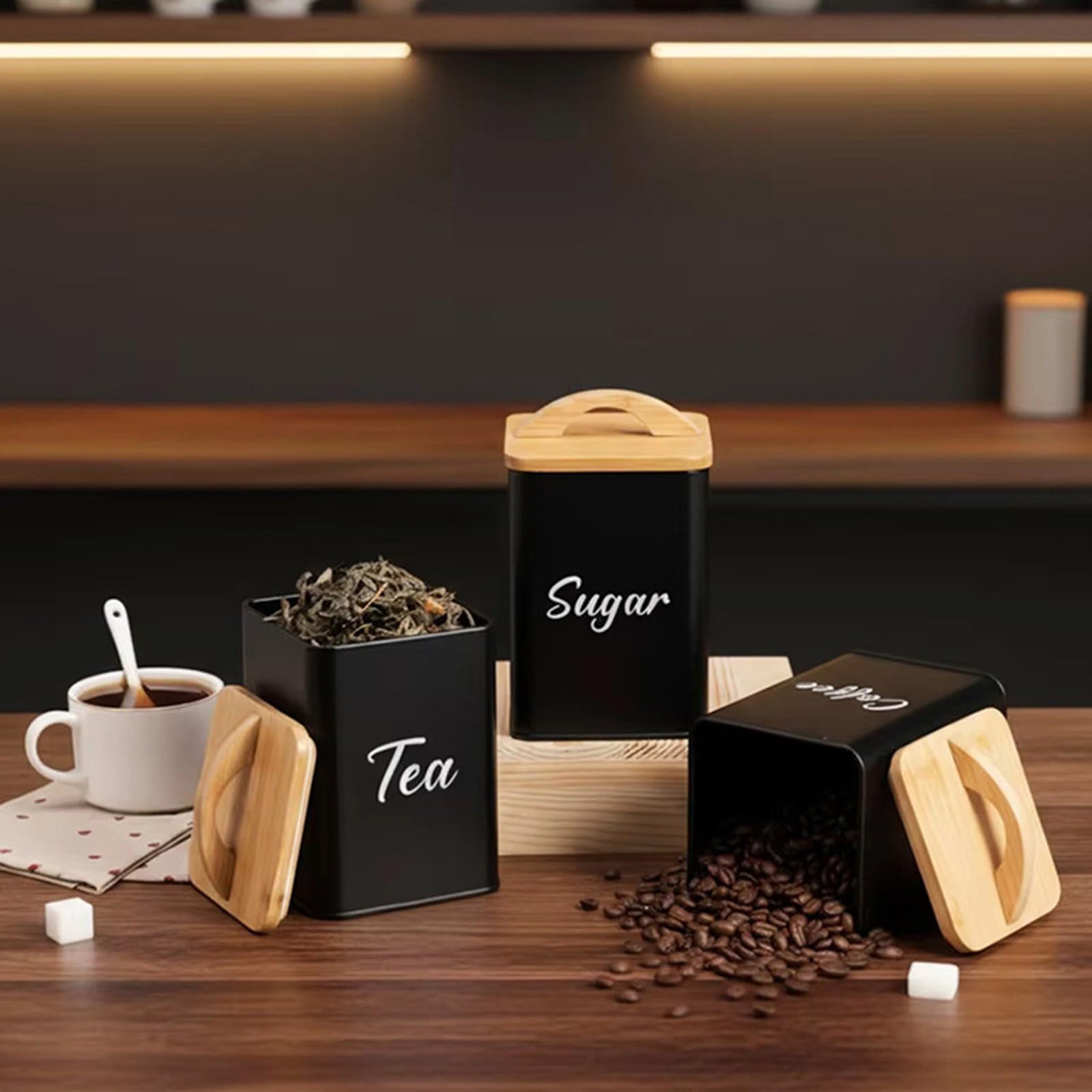 4 Vorratsdosen aus Holz und Edelstahl für Kaffee, Zucker, Brot mit luftdichtem Verschluss, moderne Küchen, Aufbewahrungsdosen für Kaffee, Zucker, Brot