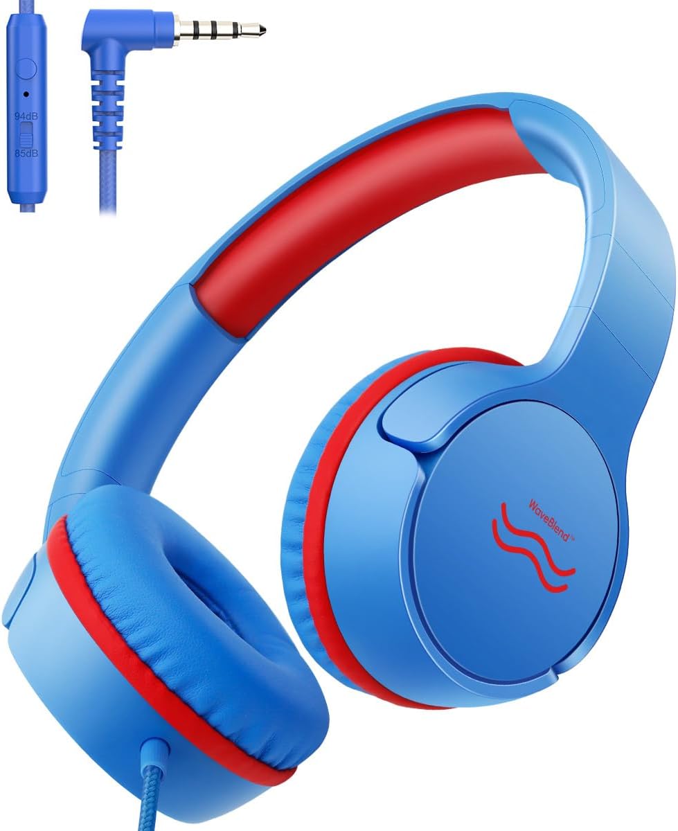 WaveBlend Kids Wired Headphones with Mic - Foldable 85/94dB Safe Volume On-Ear for Children Teens School Travel Blue-Red