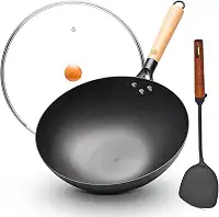 Wok de ferro de fundo plano de 12,6 polegadas com tampa de vidro e cabo de madeira, não revestido, frigideira naturalmente antiaderente para fogões a gás, elétricos e de indução