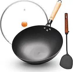 Wok de ferro de fundo plano de 12,6 polegadas com tampa de vidro e cabo de madeira, não revestido, frigideira naturalmente antiaderente para fogões a gás, elétricos e de indução