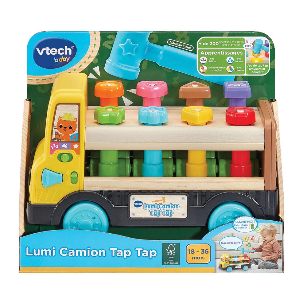 VTech – Lumi Camión Tap Tap, Camión Infantil Hablando y Musical Parcialmente de Madera, Juguete de Despertar y Motricidad Interactivo y Luminoso, Regalo para Bebé a Partir de 18 Meses – Contenido en | Camión de Juguete Interactivo en Parte de Madera, Jueg