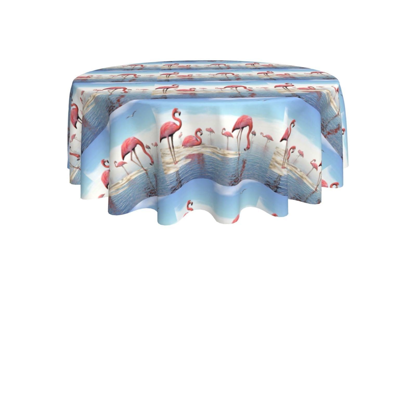 ENGhjes Flock of Pink Flamingos on The Beach Print Round Tablecloth 60in Washable Stainproof Polyester Cloth for Kitchen Idea
