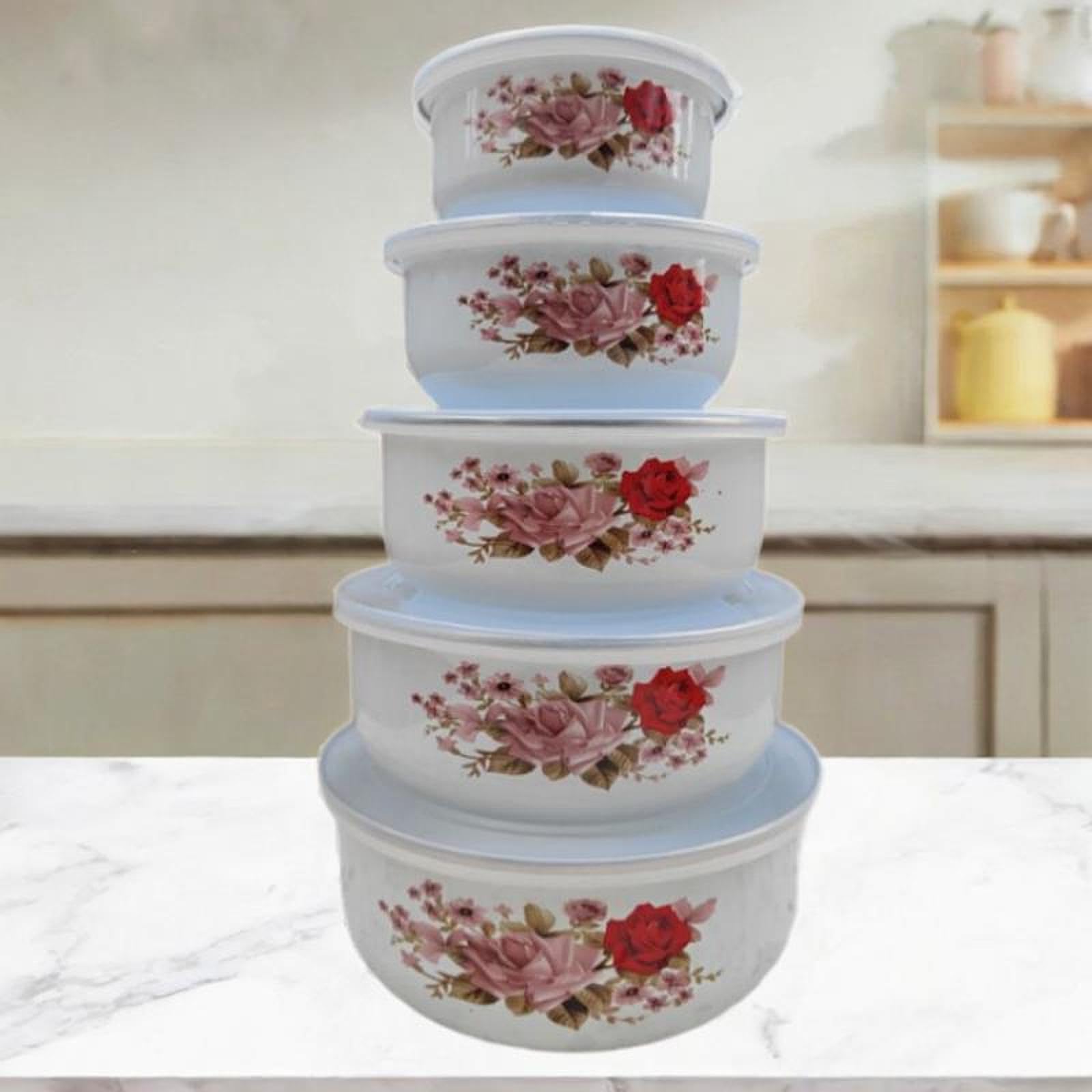 Set di 5 Ciotole Smaltate con Coperchio per La Preparazione E La Conservazione degli Alimenti, Style a
