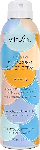 Noodle & Boo VitaSea Happy Day Adult & Kids Sunscreen Super Spray SPF 30 / SPF 50 for Face and Body, Broad Spectrum UVA & UVB Protection, Water Resistant Formula with Sea Kelp, Vitamin E & C, 6 Fl Oz.