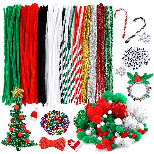 Caydo 400 Pieces Christmas Pipe Cleaners Sets, Including 120 Pcs Pipe Cleaners, 130 Pcs Pom Poms,100 Pcs Wiggle Eyes and 50 Pcs Mixed Color Jingle Bells for Festival Decoration DIY Craft