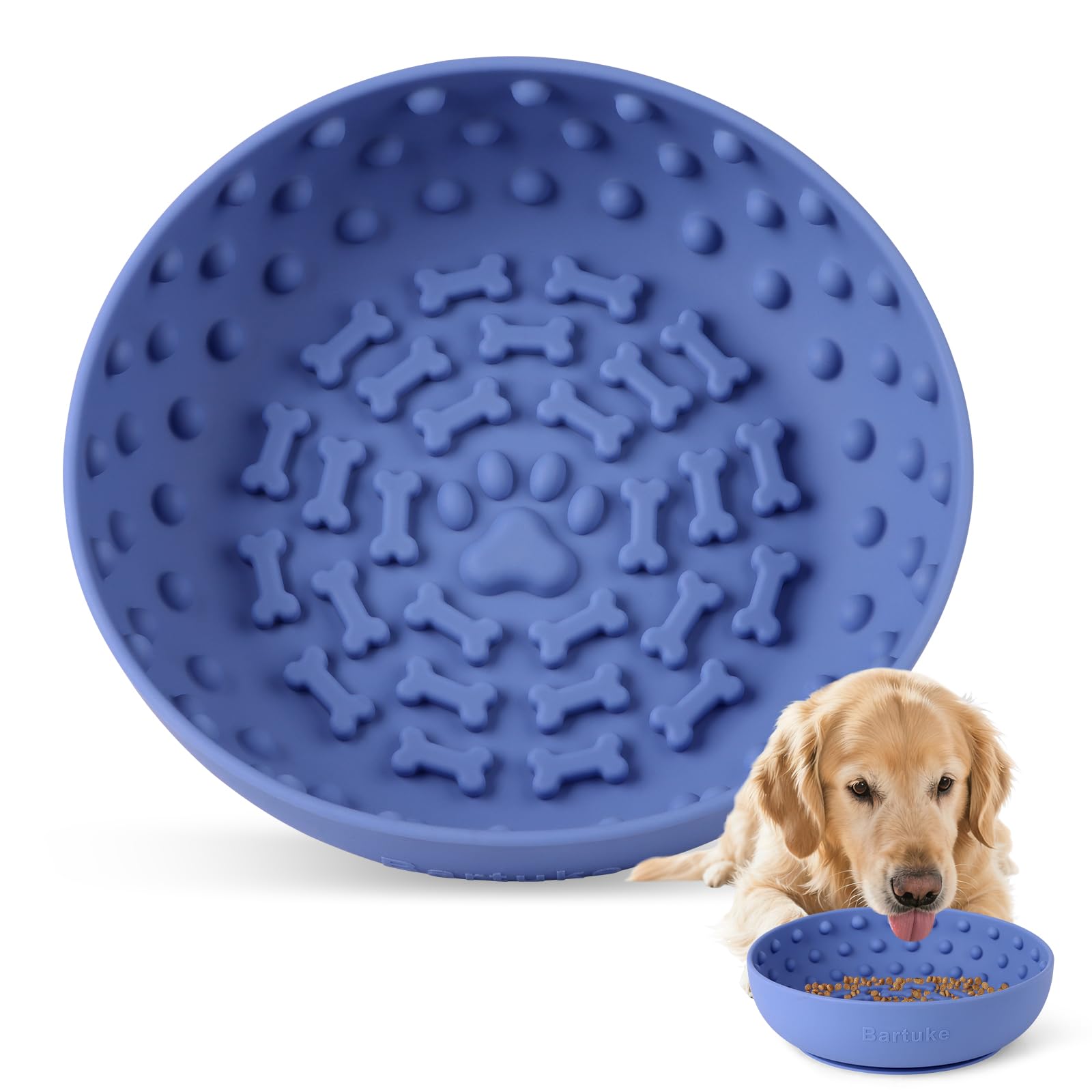Bartuke Silicone Slow Feeder Raised Dog Bowl, Large Dog Licking Feeding Bowl with Non-Slip Suction Cups for Large Breed Anxiety Relief, Anti Choking, BPA Free Silicone, Dishwasher Safe (Blue)