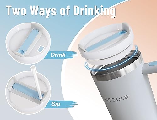 Miniatura 3 de DLOCCOLD Vaso de acero inoxidable de 40 onzas con asa, vaso aislado con tapa y pajita, soporte para taza de viaje, vaso grande reutilizable para