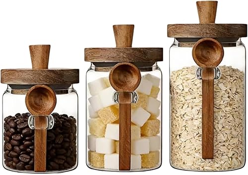 ANSQU Tarros de vidrio con tapas y cucharas de madera (13.5 oz/20.3 oz/27 onzas), juego de 3 recipientes de vidrio para almacenamiento de alimentos,