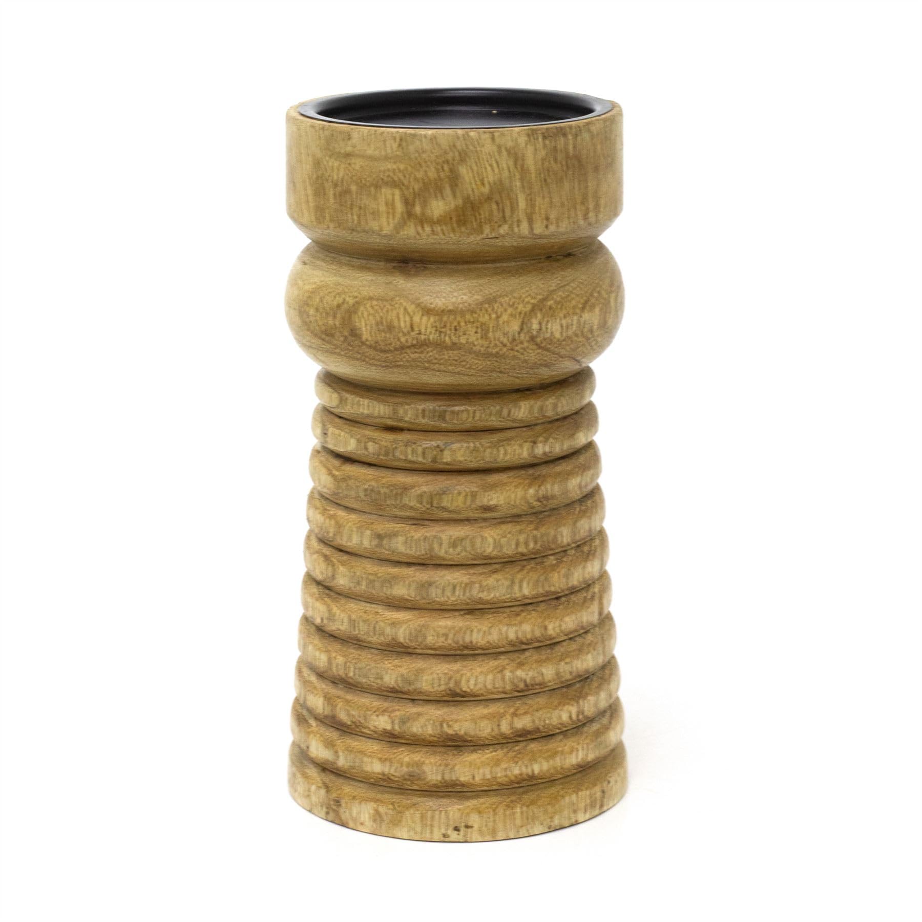 Carousel Home Natural Wooden Ribbed Candle Holder | Large Mango Wood Pillar Candle Holder | Decorative Candlestick For Tables, Mantels & Shelves - 20Cm