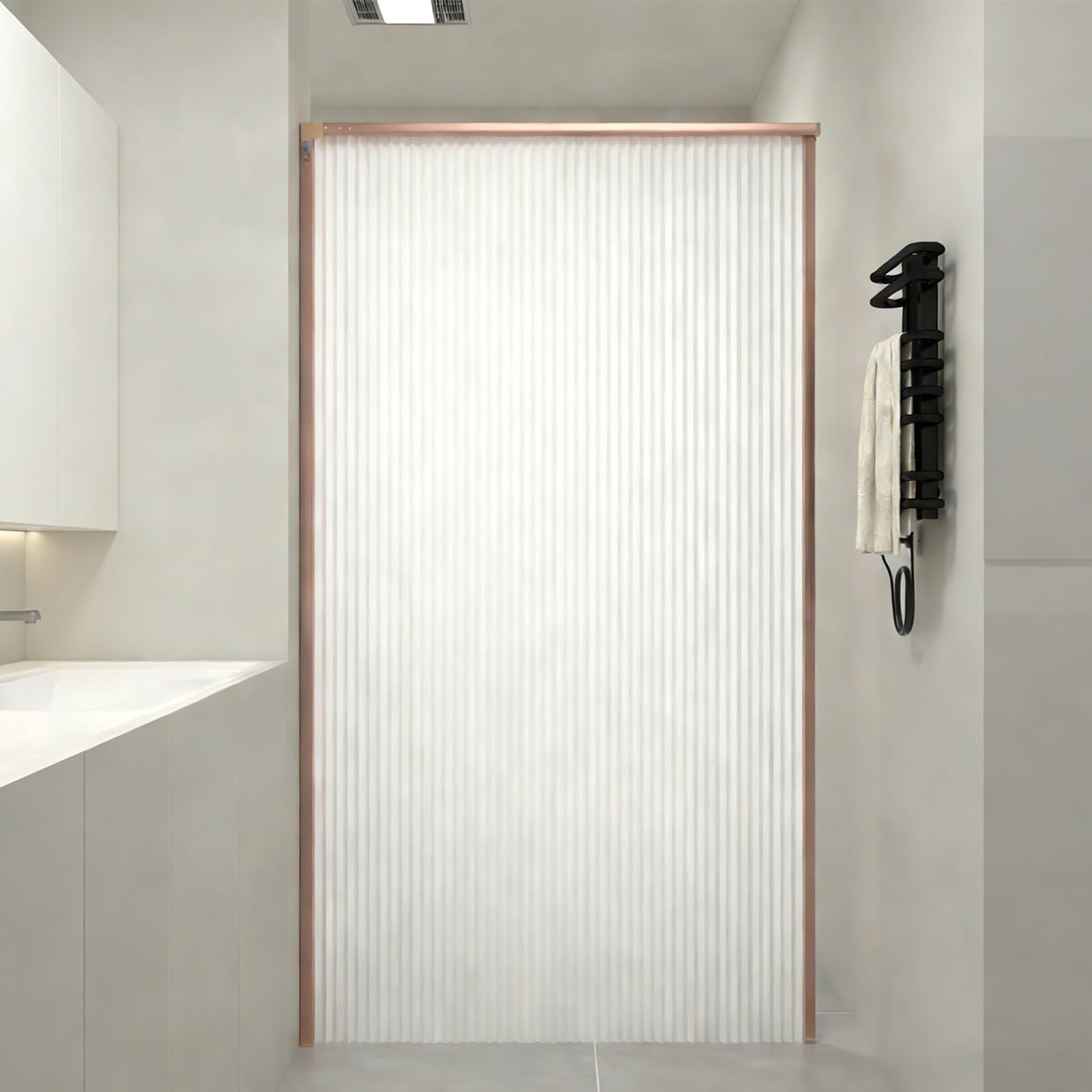 Cortina de ducha plegable invisible para baño, diseño de ahorro de espacio con estante, se adapta a huecos, 140 x 180 cm