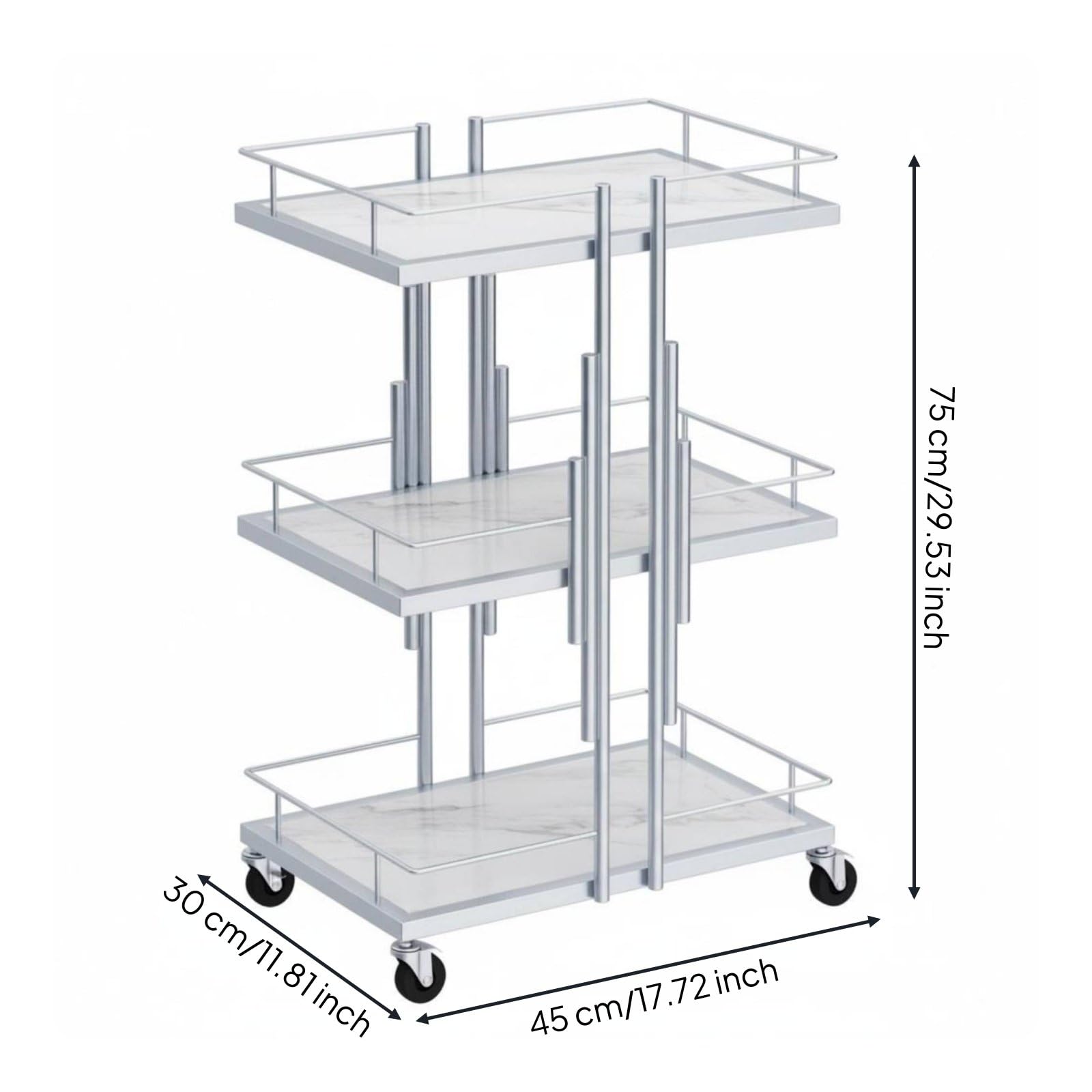 Carro de Salón con Niveles Mueble Organizador Metálico Estantes Imitación Mármol Ruedas Giratorias Suaves Adecuado para Centro de Estética Barbería Dormitorio, Plata