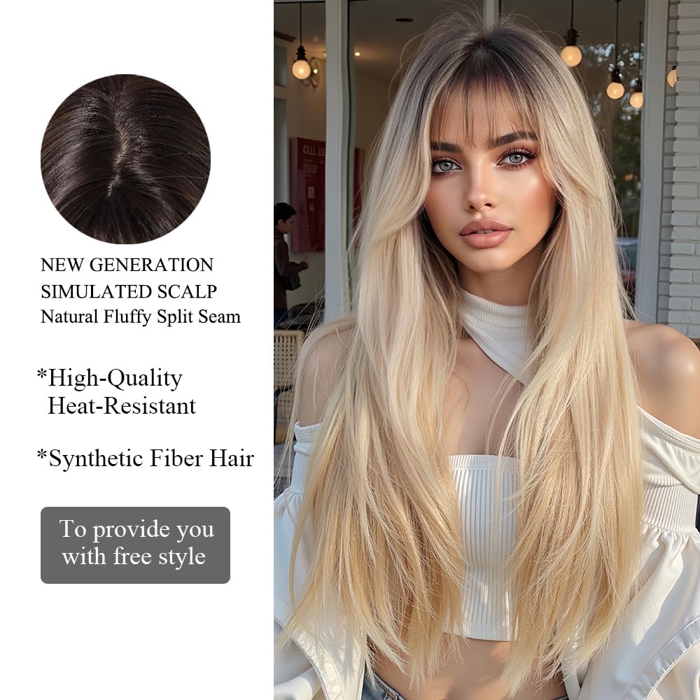 OUFEI Ombre Blonde Wigs for Women with Bangs Long Natural Straight Synthetic Hair Heat Resistant Wigs for Daily Party Cosplay Wear - Image 3