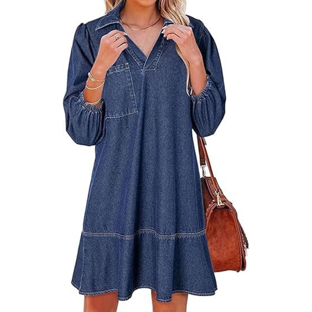 Vestido Vaquero con Capas, Cuello en V y Mangas abullonadas para Mujer, Vestidos Vaqueros con Volantes y Mangas 3/4, Vestido Vaquero Camisero Holgado de Verano con Bolsillos. (Lndigo,S)