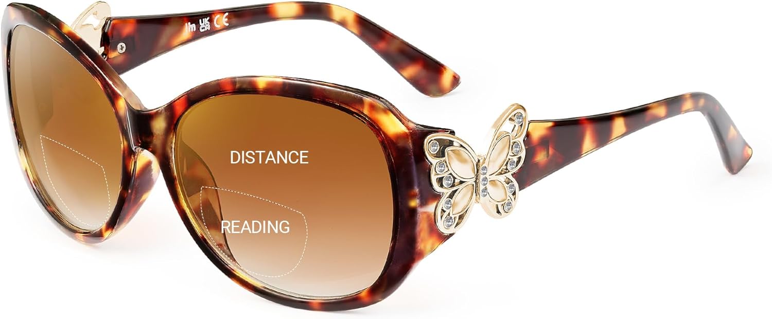 JM Bifocal Reading Sunglasses for Women Fashion Oversized Square Sun Readers Outdoor Reading Glasses UV400 Protection, Brown +2.0