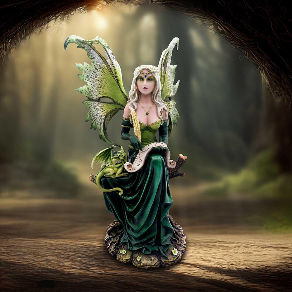 Nemesis Now Giada - Piccola fata della foresta con drago familiare, statua di fata da 31 cm, statuetta stravagante per fan del drago, decorazione gotica, collezionisti fantasy, figura in resina