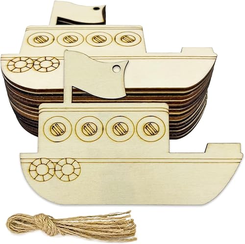 30 piezas de recortes de madera sin terminar, recortes de manualidades en blanco, adornos colgantes en forma de velero, etiquetas de regalo para