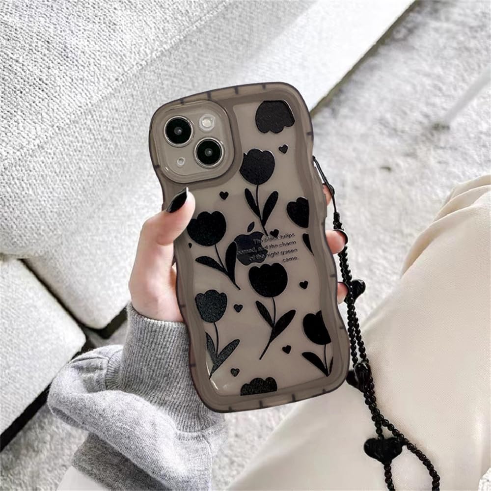 LIZGE Korean Black Tulip Flower Love Heart Phone Chains Soft Case