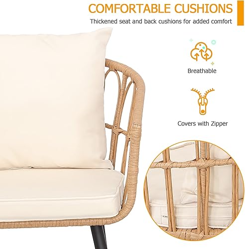 Miniatura 6 de HTTH Juego de muebles de exterior para conversación de patio, juego de mesa de cuerda tejida para exteriores, juego de mesa de mimbre marrón con