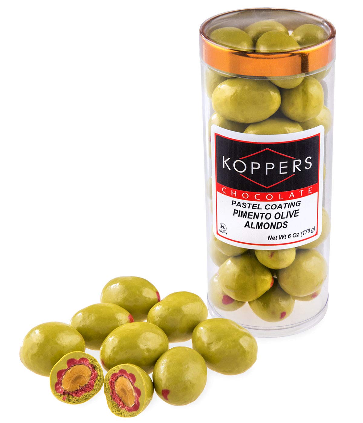 Koppers Pimento Olive Chocolate Almond, 6oz Package, with Melt Protection