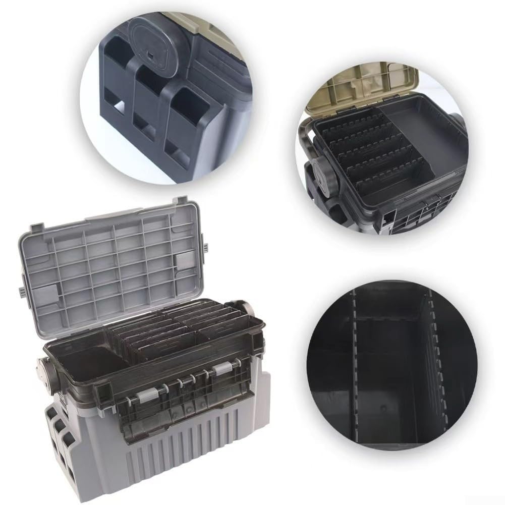 Caja de aparejos de pesca de gran capacidad con separadores extraíbles, caja de almacenamiento de señuelos de polietileno con correa para el hombro y asiento, organizador portátil multicapa para pesca