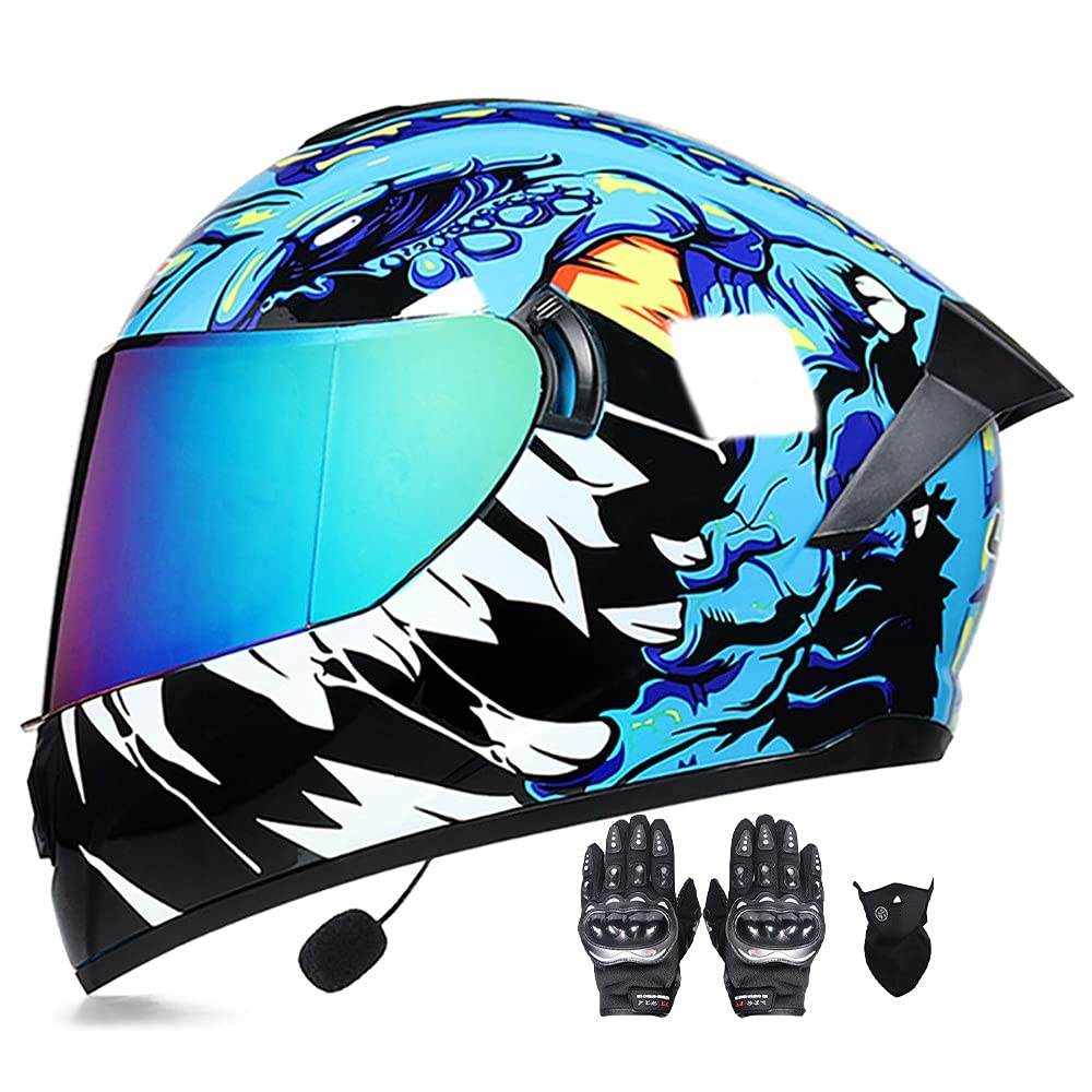 Letetexi Bluetooth Integrated Modular Flip Up Motorcycle Helmet Predator Full Face Motorbike Helmets ECE Approved Built in MP3 Radio Moped Gloves Mask Crash Helmet 55~62cm