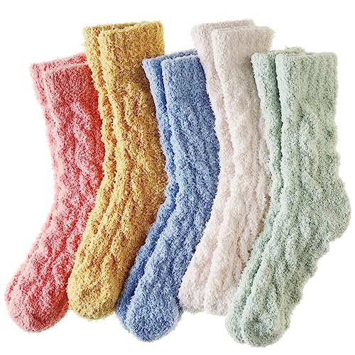 Image of Velice Womens Fuzzy Socks Soft Cozy Fluffy Slipper Winter Warm Plush Sleeping Christmas Socks 5 Pairs