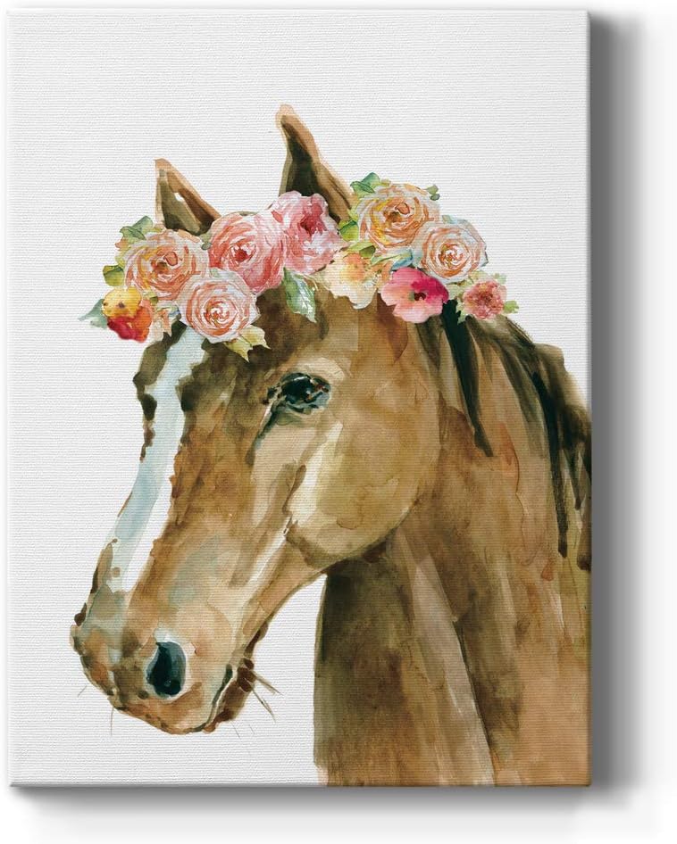 Renditions Gallery Canvas Animal Wall Art Modern Paintings Decorations Lovely Floral Crown Horse Colorful Nature Abstract Botanical Wall Hanging for Bedroom Office Kitchen - 16"x20" LT26