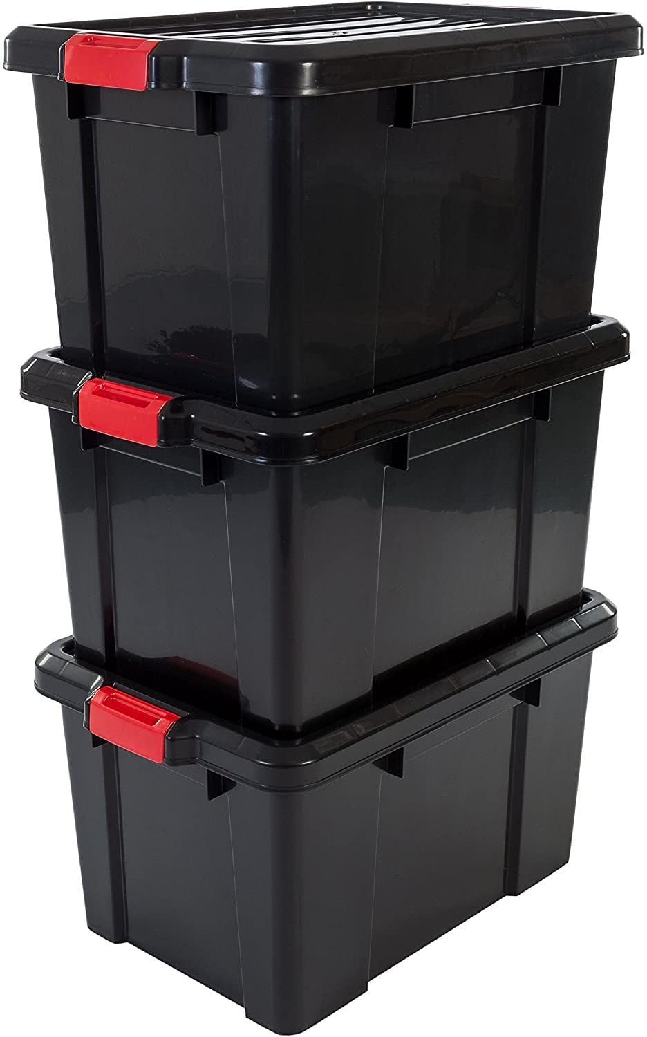 Iris Ohyama, Boîtes de rangement plastique avec couvercle et fermeture à Clips, 50L, Lot de 3, Empilables, Emboîtable, Sans BPA, Grenier, Cabanon, Garage, Garage, SK-​450, Noir