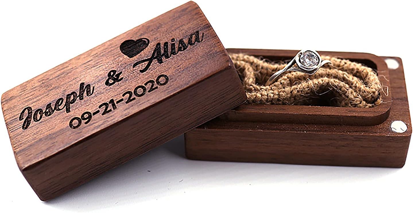Personalised Engraved Ring Box Custom Walnut Wood Ring Box Rectangular Shape Ring Carrier Box for Proposal Engagement Wedding