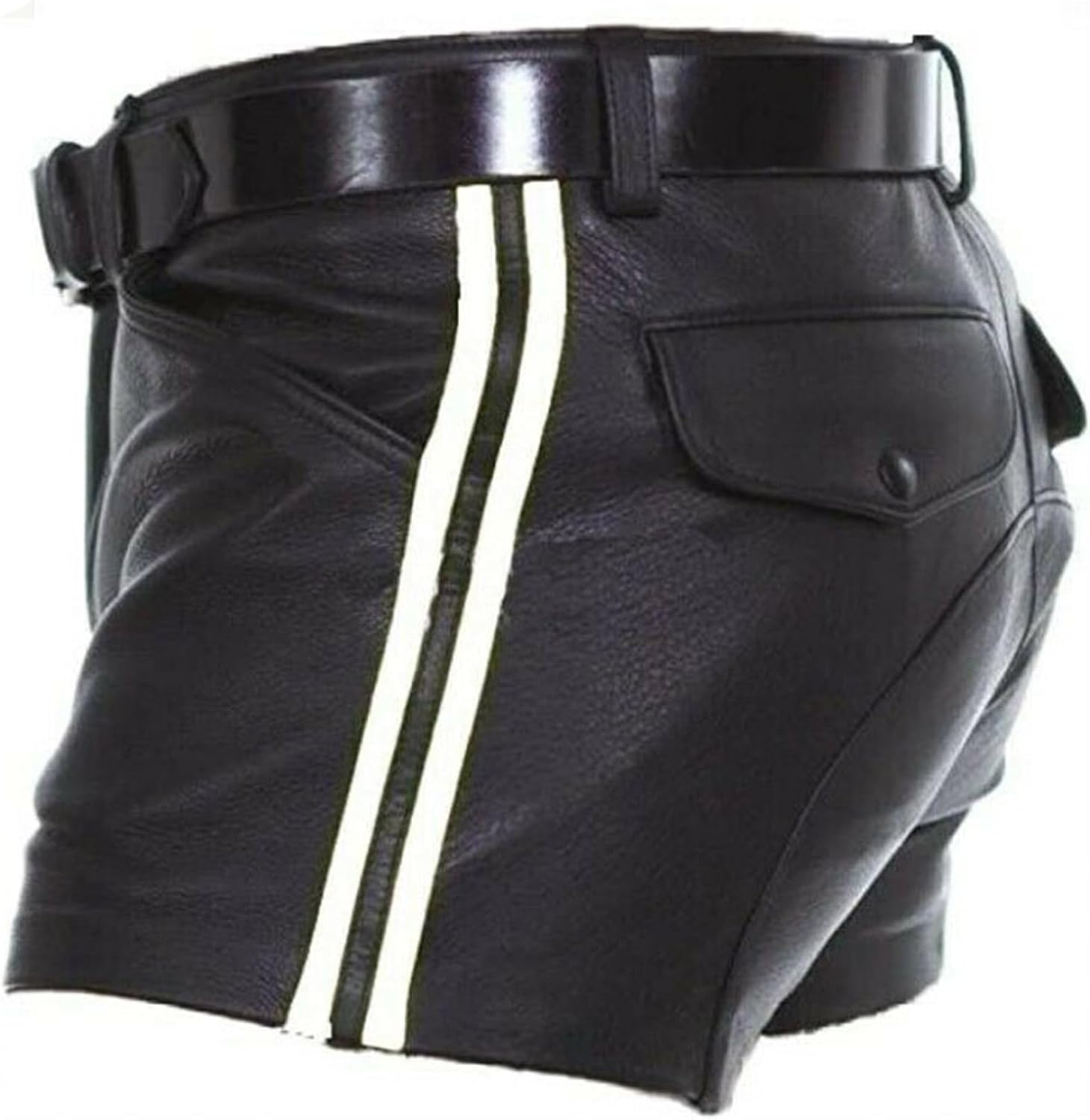 SOMTHRON Men's PU Leather Shorts Striped Sexy Rave Hot Shorts Straight Leg Club Party Short Pants with Pockets
