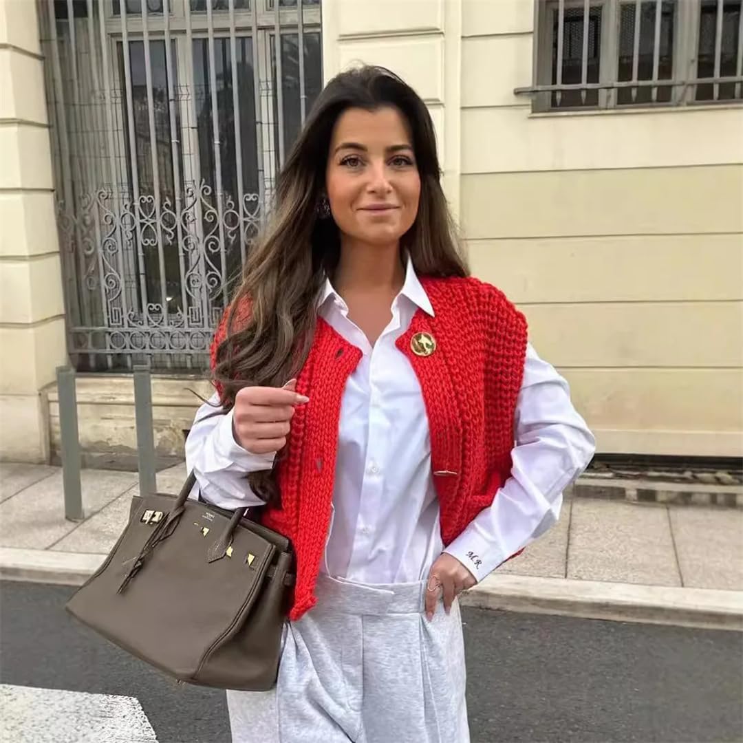 [Ornrjfll] レディース ヴィンテージ レッド ウエストコート 無地 ビッグポケット ベスト レディース ノースリーブ ニッ