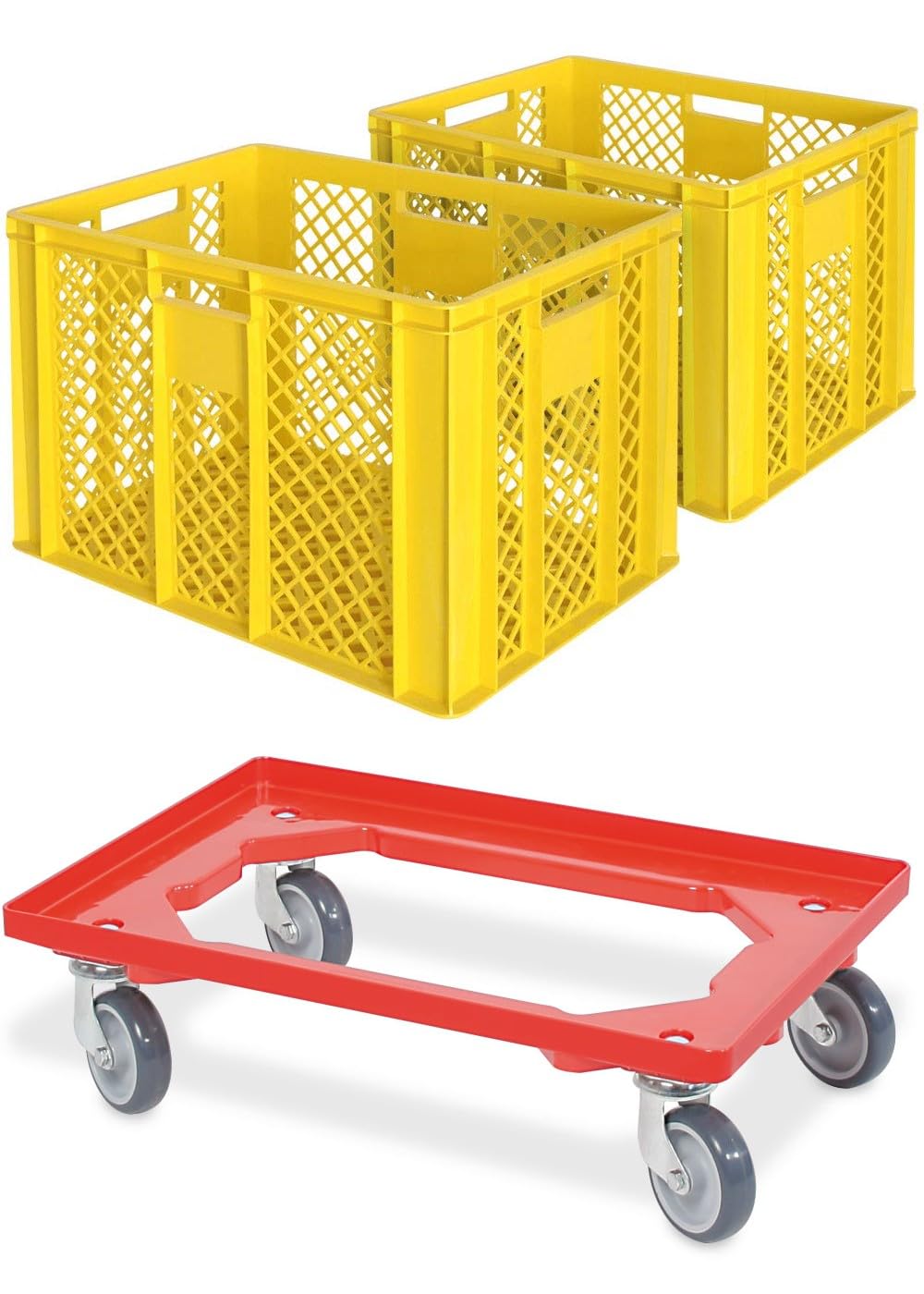 BRB 2 x pojemnik euro/skrzynka piekarnicza, dł. x szer. x wys. 600 x 400 x 410 mm z rolką transportową (żółty)